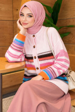 Colorful Striped Buttoned French Terry Knit Cardigan Pink