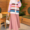 Colorful Striped Buttoned French Terry Knit Cardigan Pink - Image 2