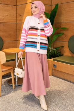 Alternative view of Colorful Striped Buttoned French Terry Knit Cardigan Pink