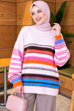 Colorful Striped French Terry Knit Tunic Pink