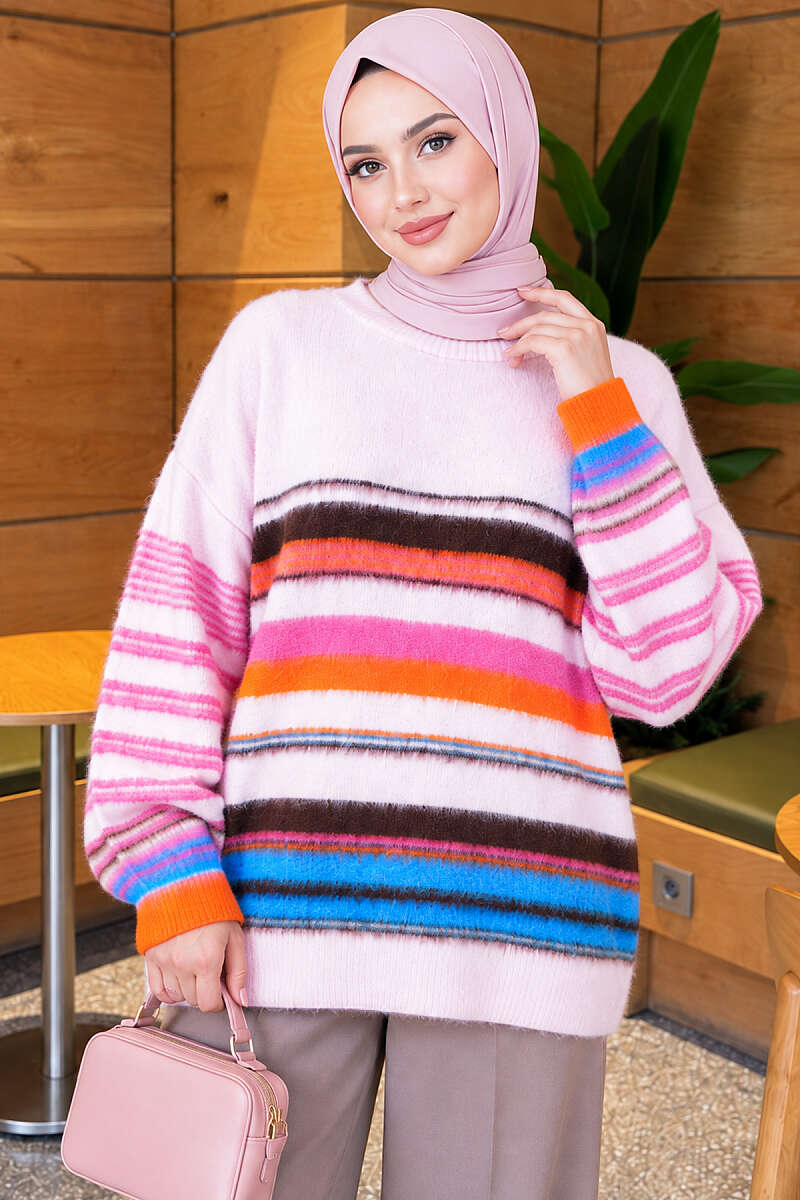 Colorful Striped French Terry Knit Tunic Pink – Image 3