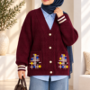 Colorful Embroidered Button-Up French Terry Knit Cardigan Brown