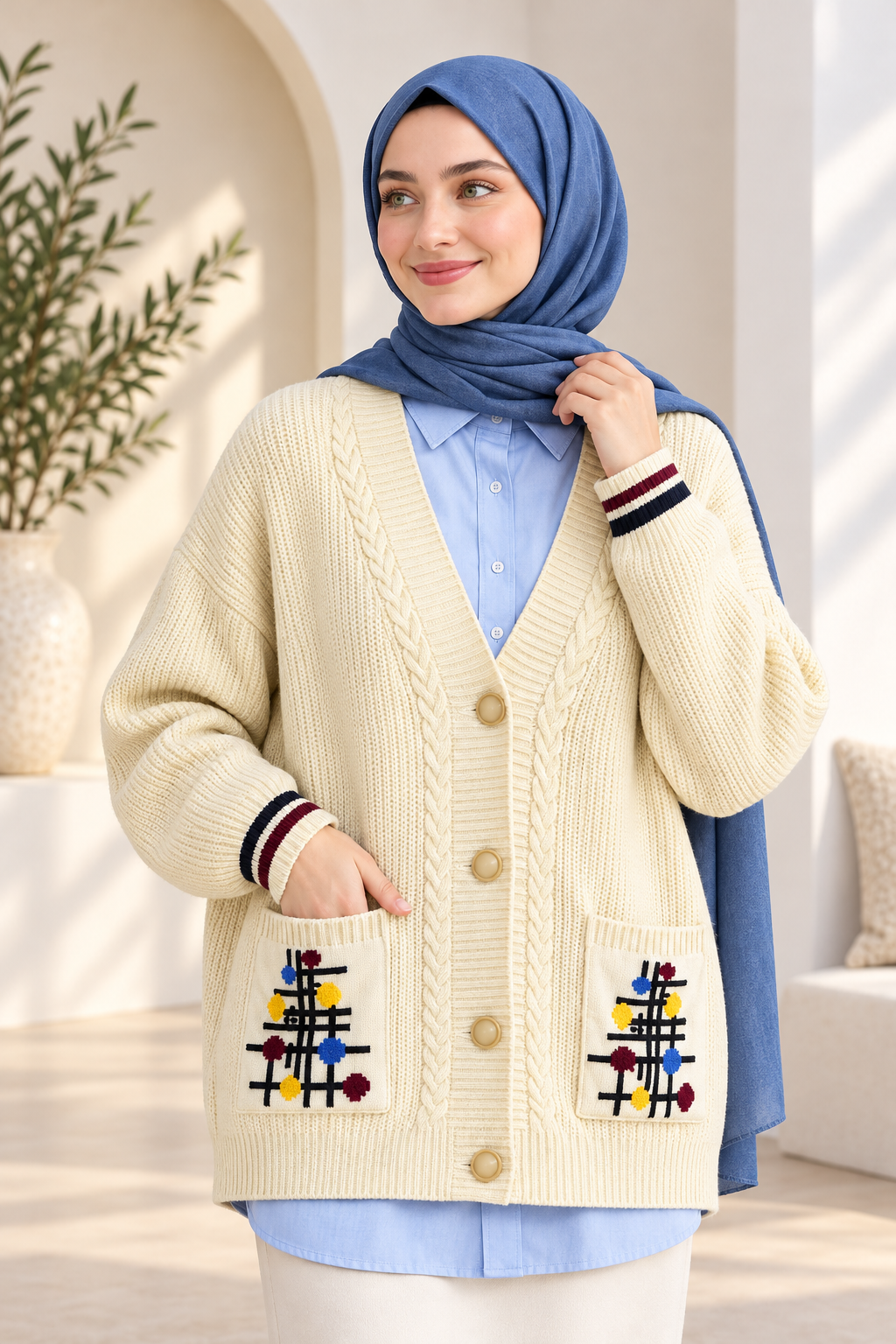 Colorful Embroidered Button-Up French Terry Knit Cardigan Ecru – Bild 2
