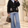 Colorful Embroidered Button-Up French Terry Knit Cardigan Black