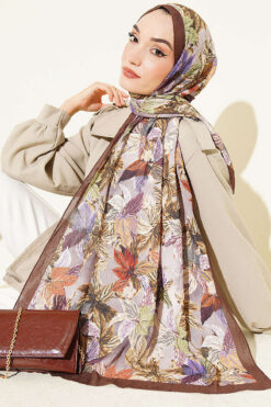 Alternative view of Colorful Leaf Pattern French Terry Shawl Brown
