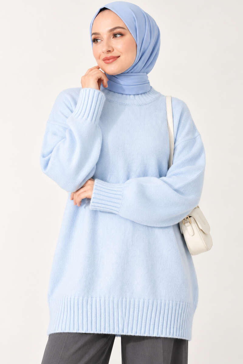 Ribbed Crew Neck Knit Tunic Baby Blue – Bild 3