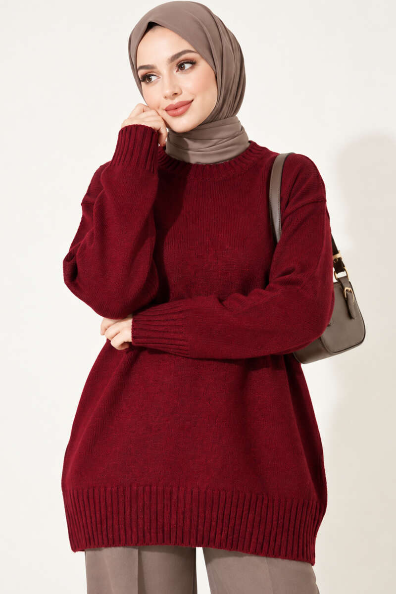 Ribbed Crew Neck Knit Tunic Burgundy