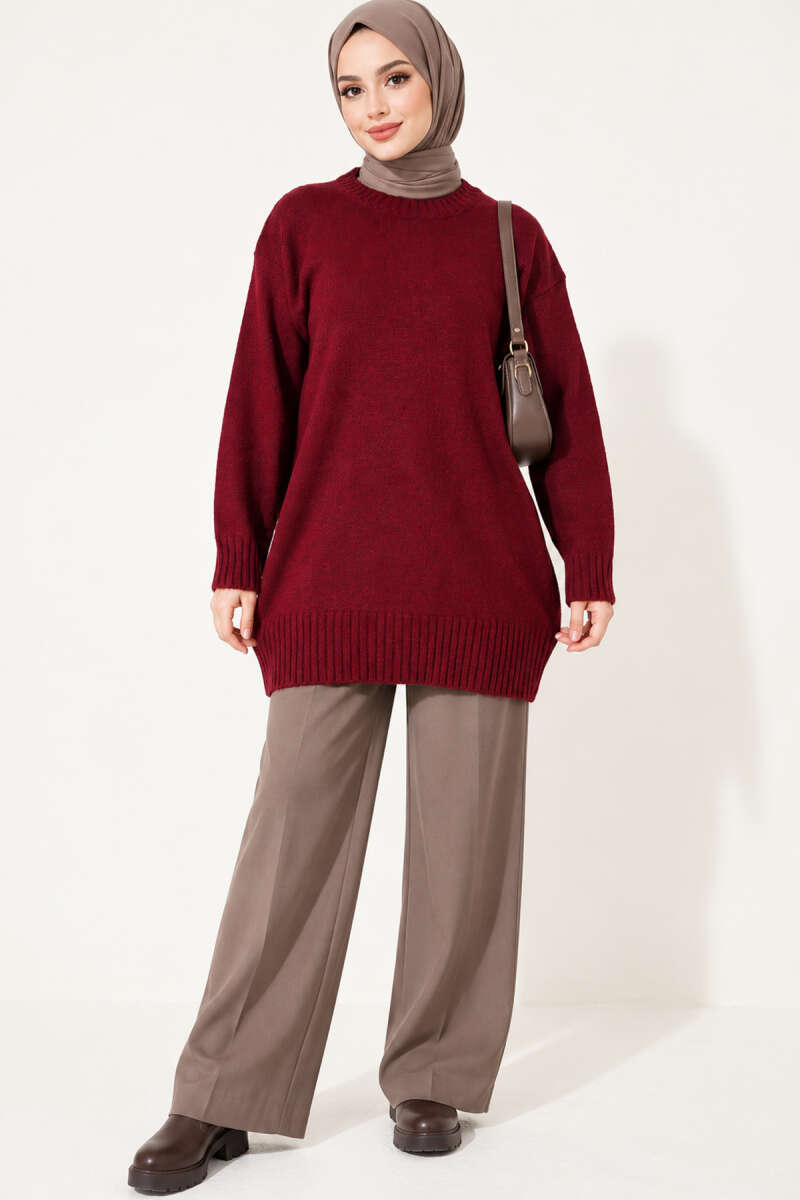 Ribbed Crew Neck Knit Tunic Burgundy – Bild 2