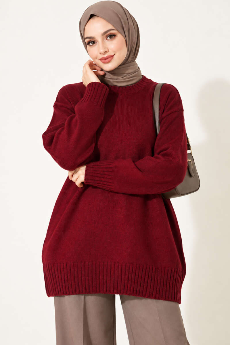 Ribbed Crew Neck Knit Tunic Burgundy – Bild 3