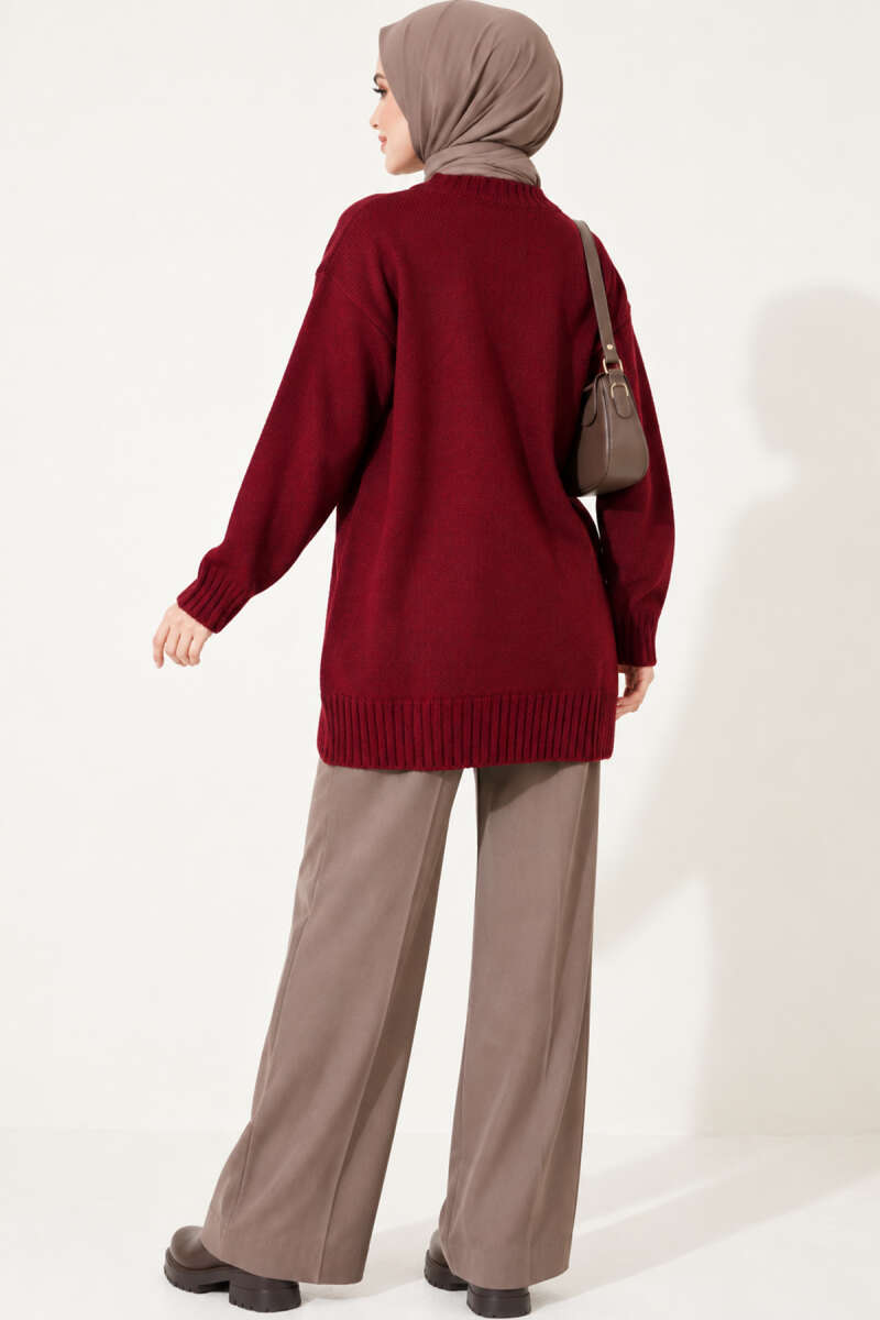 Ribbed Crew Neck Knit Tunic Burgundy – Bild 4