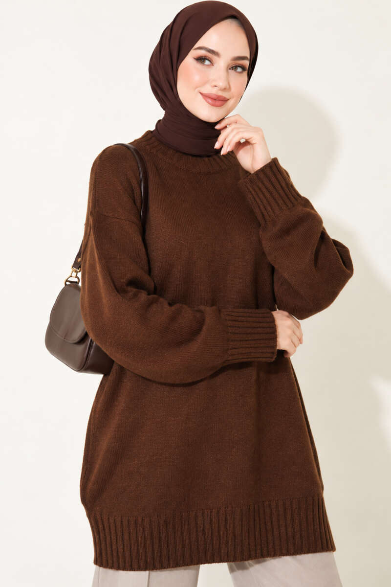 Ribbed Crew Neck Knit Tunic Brown - Afbeelding 3