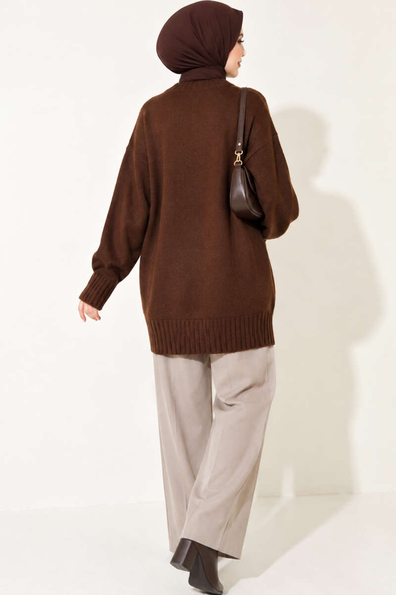 Ribbed Crew Neck Knit Tunic Brown - Afbeelding 4