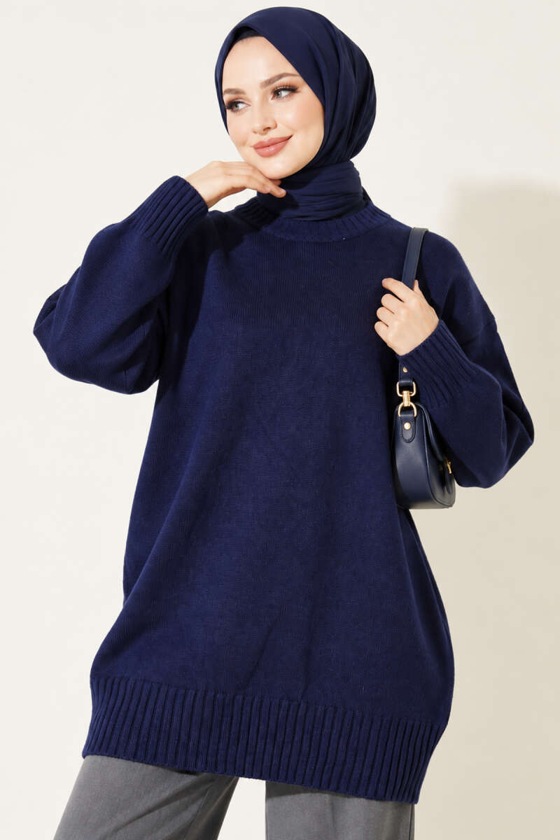 Ribbed Crew Neck Knit Tunic Navy Blue