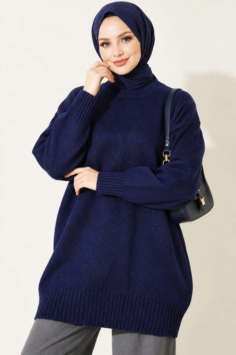 Ribbed Crew Neck Knit Tunic Navy Blue – Image 3