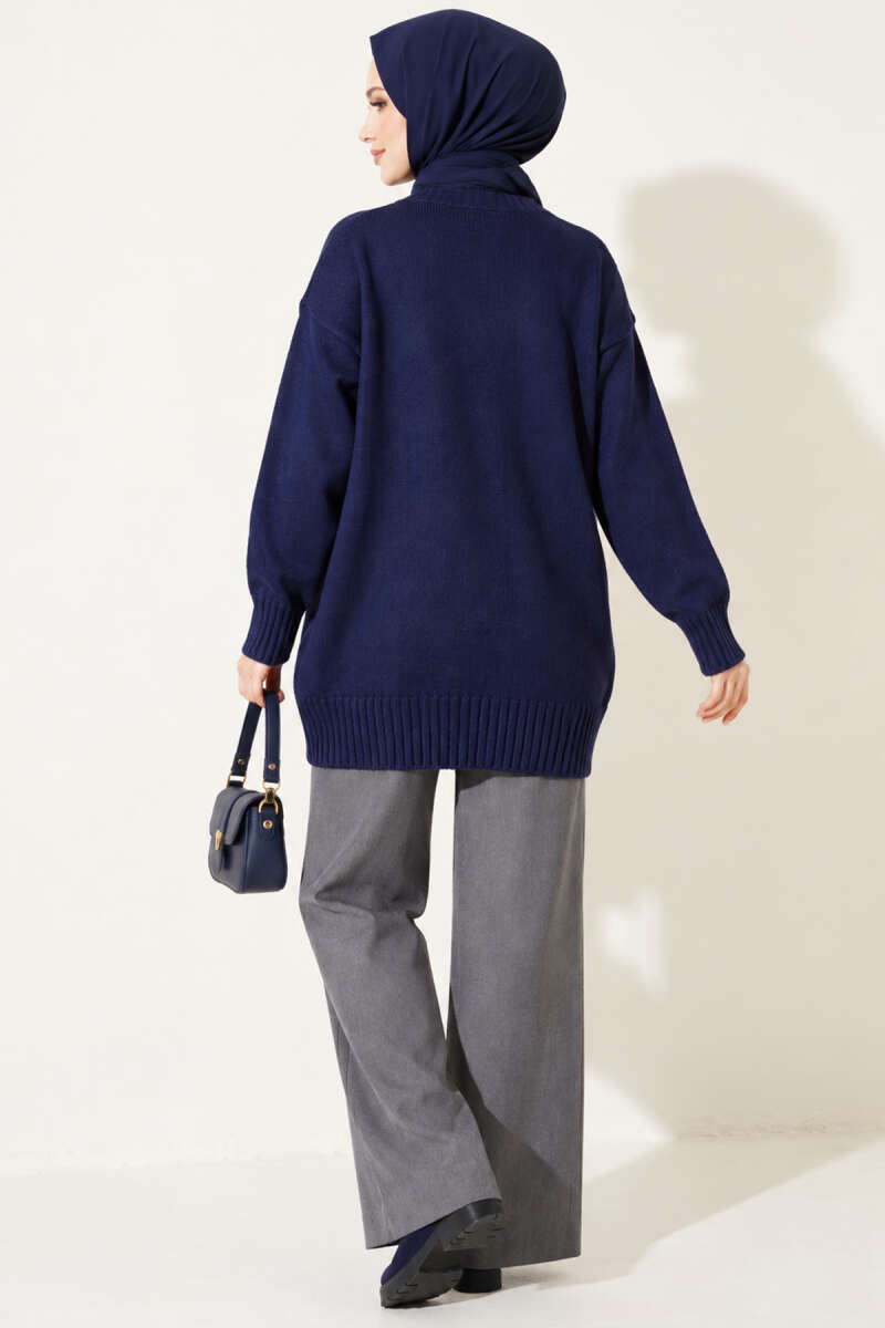 Ribbed Crew Neck Knit Tunic Navy Blue – Image 4