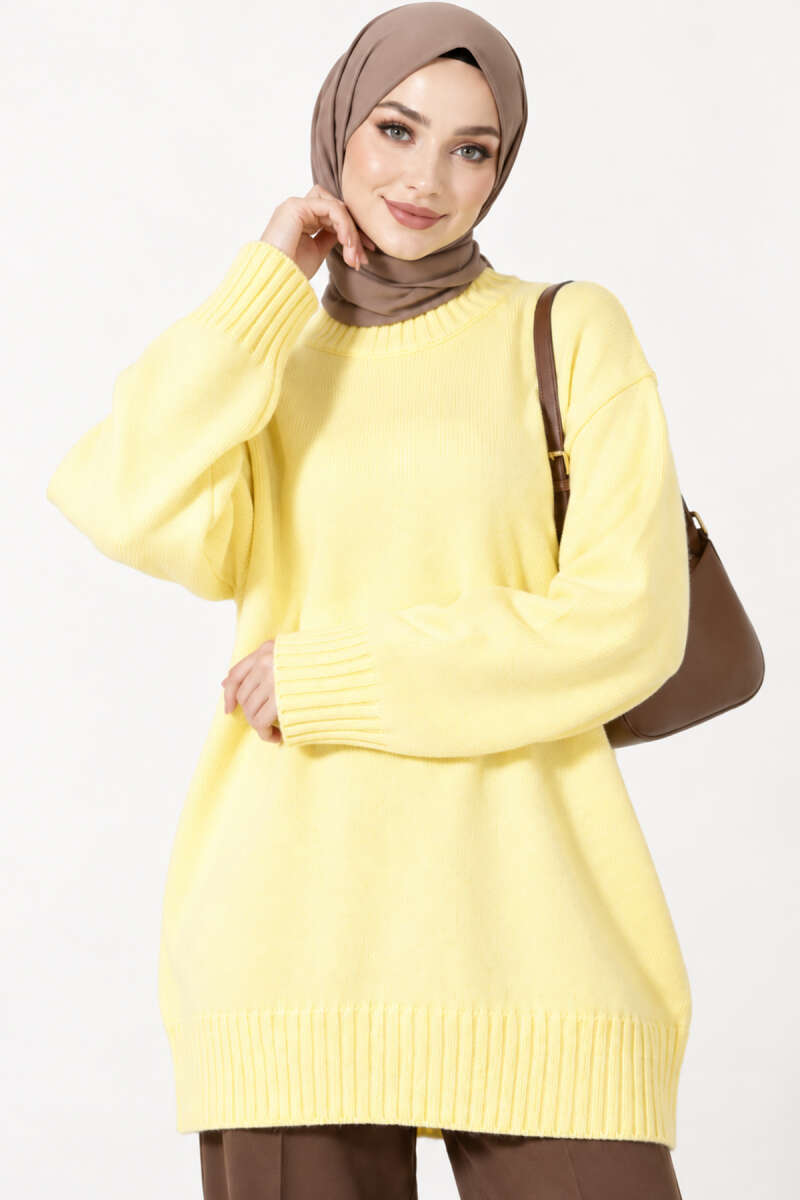 Ribbed Crew Neck Knit Tunic Yellow