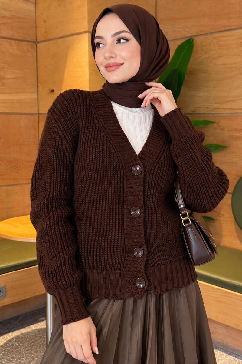 Ribbed Knit Cardigan with Button Details Brown – Image 3