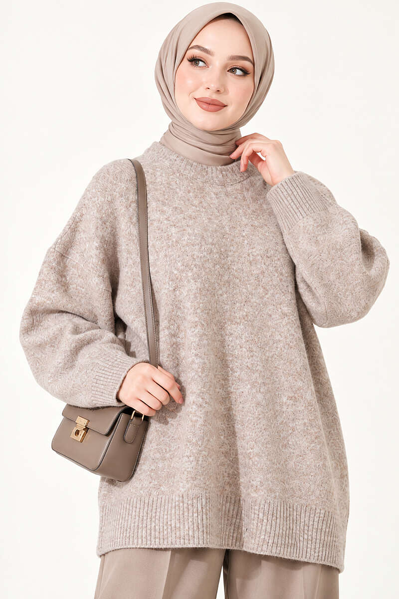 Ribbed Low-Shoulder Knit Tunic Beige