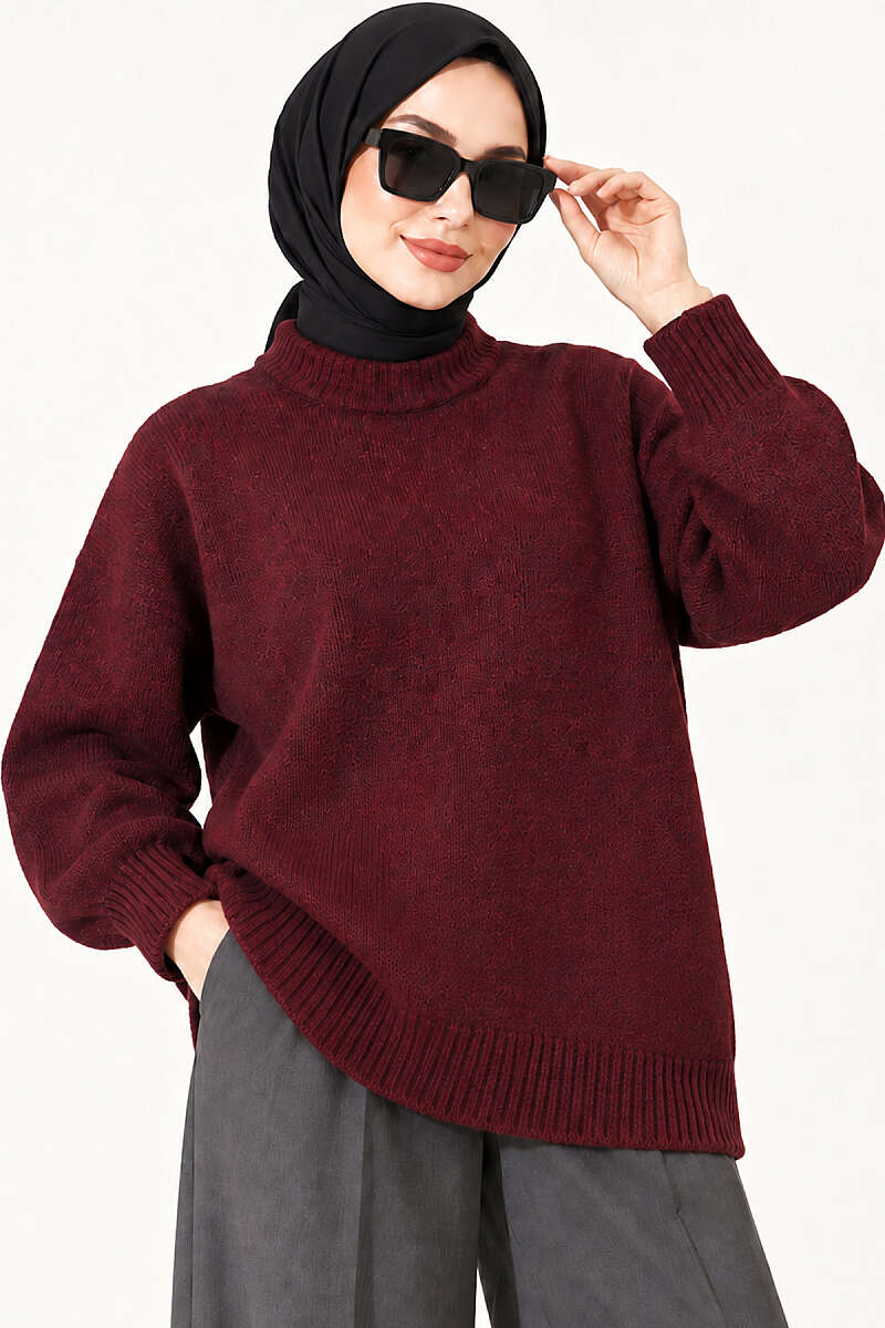 Ribbed Low-Shoulder Knit Tunic Burgundy