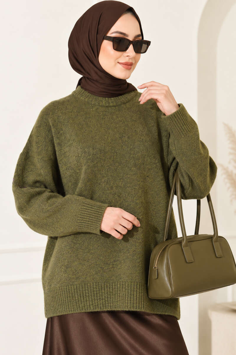 Ribbed Low-Shoulder Knit Tunic Khaki - الصورة 2