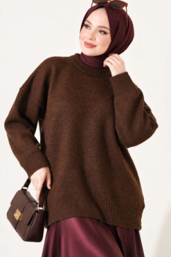 Alternative view of Ribbed Low-Shoulder Knit Tunic Brown