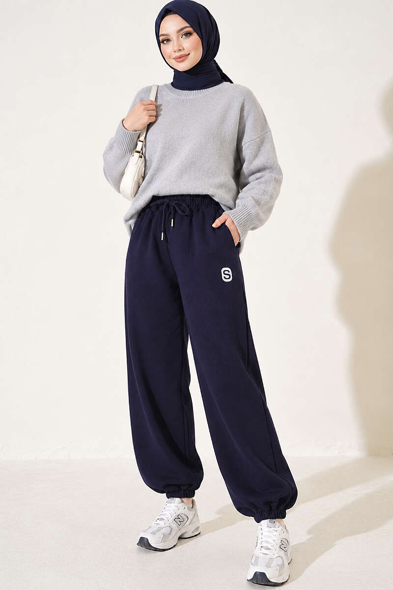 Embroidered Brushed French Terry Jogger Pants Navy Blue - Image 2