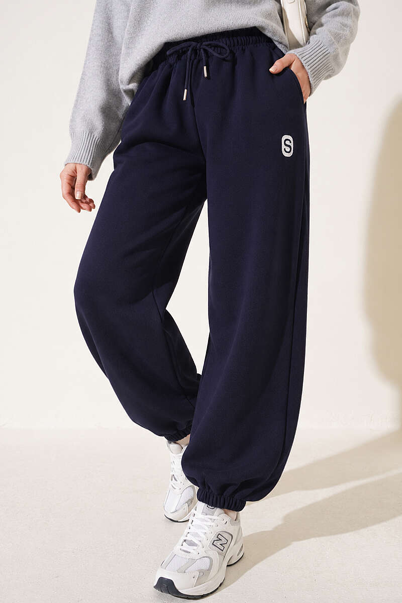 Embroidered Brushed French Terry Jogger Pants Navy Blue - Image 3