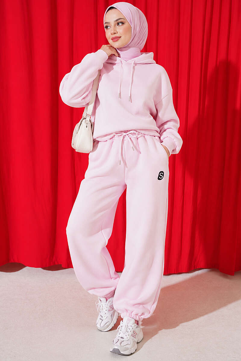 Embroidered Brushed French Terry Jogger Pants Pink - الصورة 3