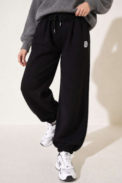 Alternative view of Embroidered Brushed French Terry Jogger Pants Black