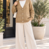 Knitted Cardigan with Hair Braid Pattern and Button Closure Camel