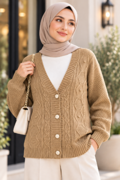 Alternative view of Knitted Cardigan with Hair Braid Pattern and Button Closure Camel