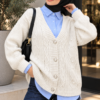 Knitted Cardigan with Hair Braid Pattern and Button Closure Ecru
