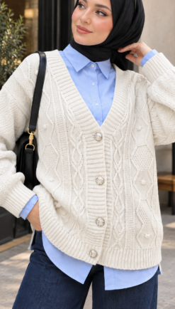 Alternative view of Knitted Cardigan with Hair Braid Pattern and Button Closure Ecru