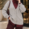 Knitted Cardigan with Hair Braid Pattern and Button Closure Grey