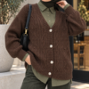 Knitted Cardigan with Hair Braid Pattern and Button Closure Brown