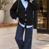 Knitted Cardigan with Hair Braid Pattern and Button Closure Black
