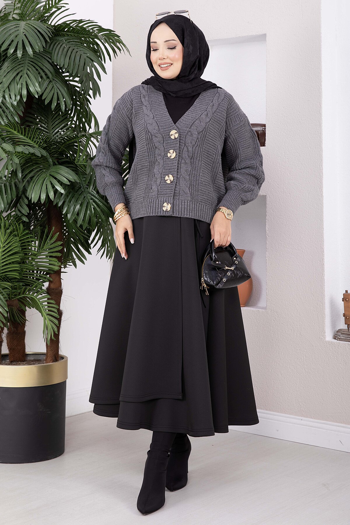 Knitted Cardigan with Hair Braided Pattern and Button Closure Anthracite