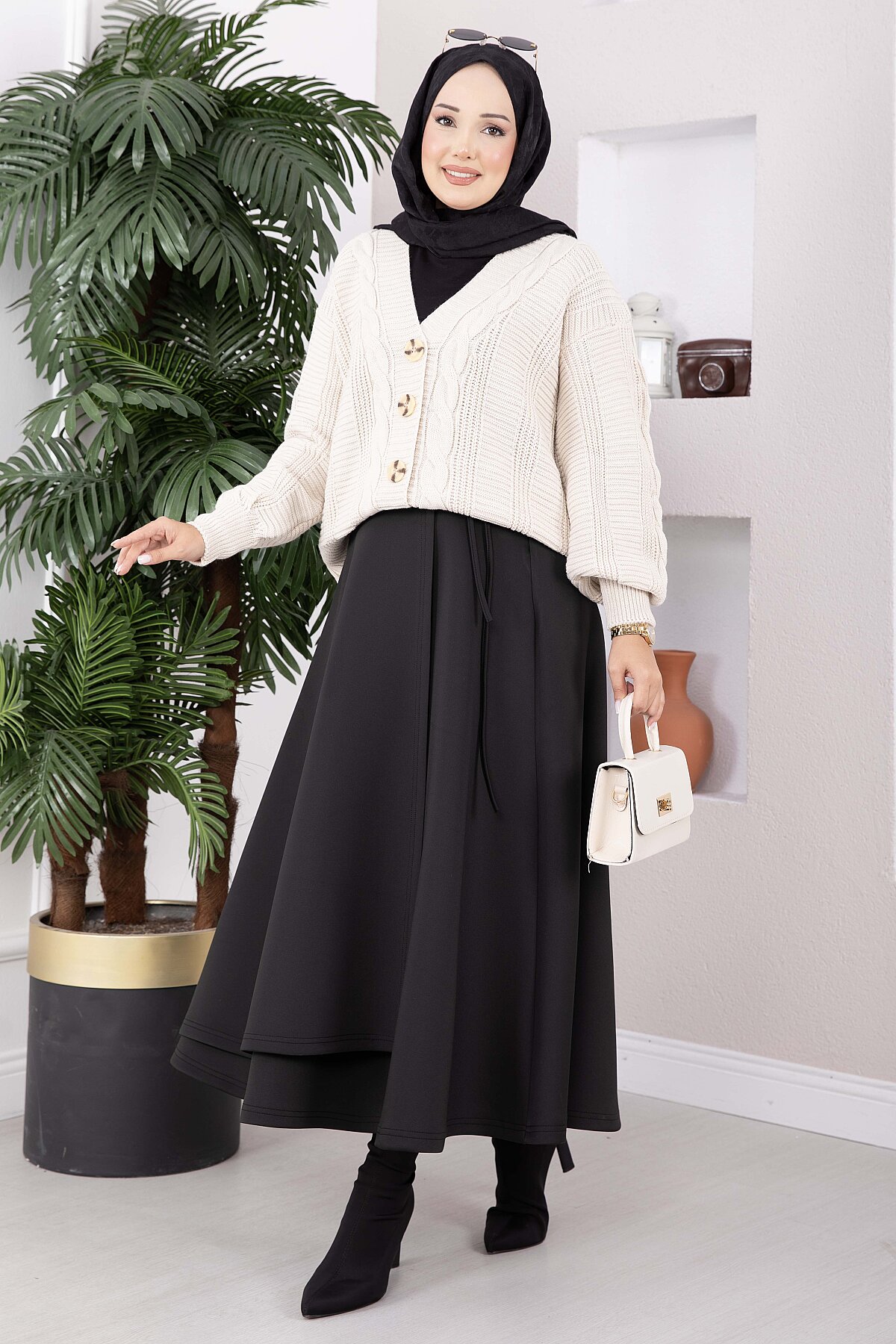 Knitted Cardigan with Hair Braided Pattern and Button Closure Beige