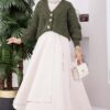 Knitted Cardigan with Hair Braided Pattern and Button Closure Khaki