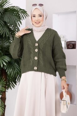 Alternative view of Knitted Cardigan with Hair Braided Pattern and Button Closure Khaki