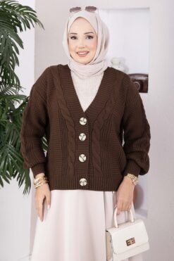 Alternative view of Knitted Cardigan with Hair Braided Pattern and Button Closure Brown