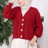 Knitted Cardigan with Hair Braided Pattern and Button Closure Red – Bild 2
