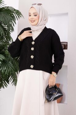Alternative view of Knitted Cardigan with Hair Braided Pattern and Button Closure Black