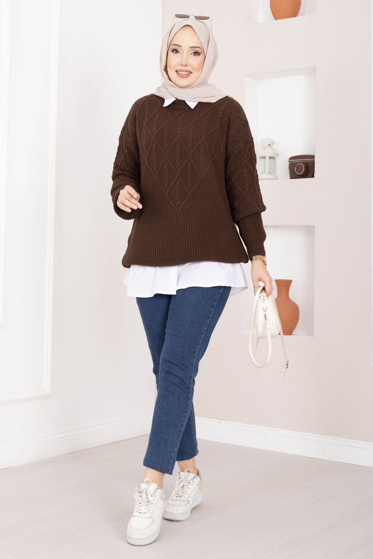 Braided Knit Sweater Brown – Image 3
