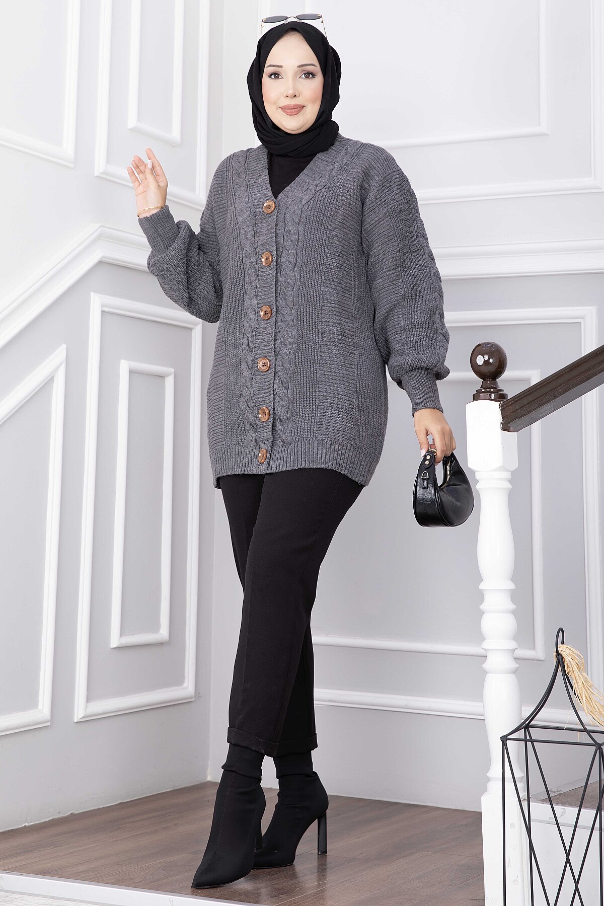 Knitted Cardigan with Hair Knit Detail and Button Closure Black - الصورة 5