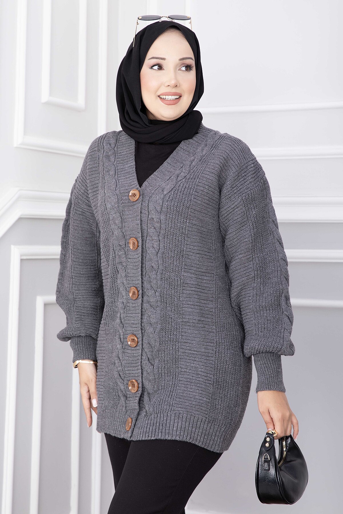 Knitted Cardigan with Hair Knit Detail and Button Closure Black - الصورة 6