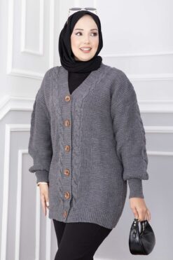 Alternative view of Knitted Cardigan with Hair Knit Detail and Button Closure Anthracite