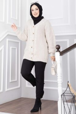 Alternative view of Knitted Cardigan with Hair Knit Detail and Button Closure Beige