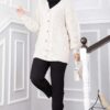 Knitted Cardigan with Hair Knit Detail and Button Closure Ecru