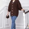 Knitted Cardigan with Hair Knit Detail and Button Closure Brown